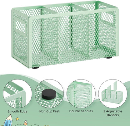 Marbrasse Mesh Pen Holder for Desk,Pencil Holder Desk Organizer 3 Adjustable Compartments,Pencil Cup with Handle Perfect for Classroom, Office, Home,Makeup,Art (Black)