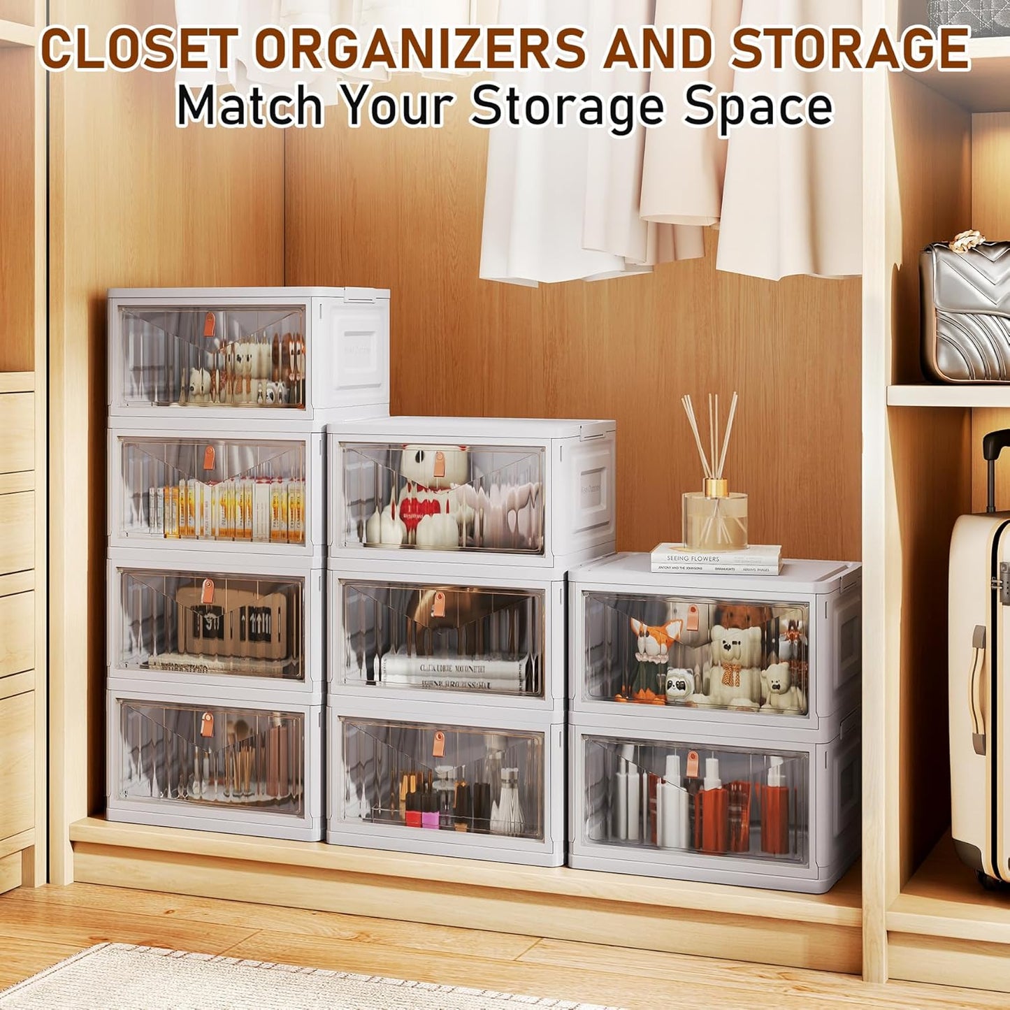 4 Tier Storage Bins with Lids, 23QT Stackable Closet Organizers and Storage with Wheels, Collapsible Storage Boxes, Foldable Plastic Storage Containers for Home,Office, Dorm Room-White