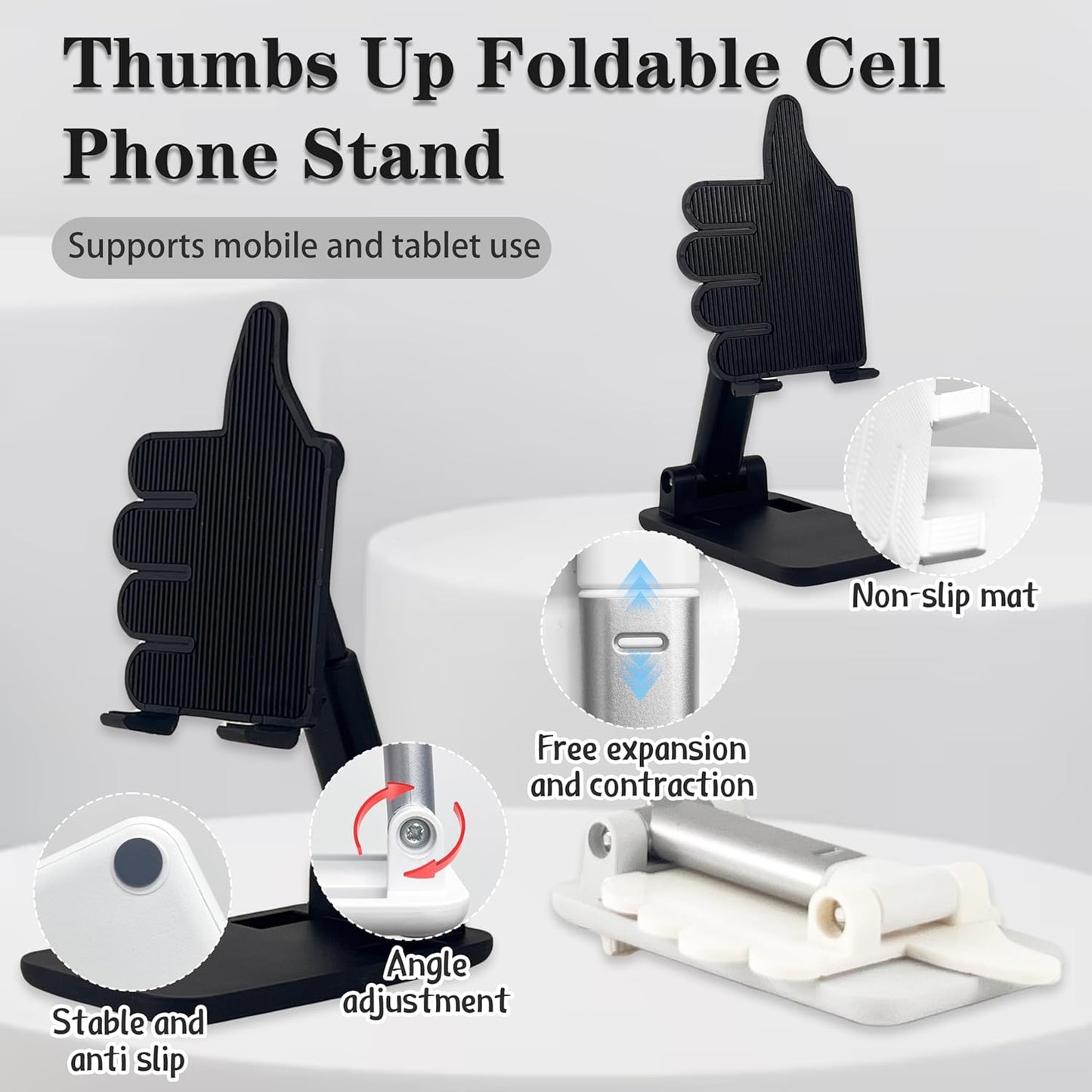 Mother's Day 2 Pack Black&Pink Thumbs Up Foldable Cell Phone Stand Holder for Desk,Adjustable Silicone Anti-Slip Compatible with All Mobile Phones,Cool Gadgets Fun Desktop Accessory