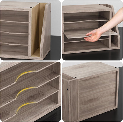 Creso hom Mail Sorter, File Organizer Desktop, Wood Desk Organizer with 3 Adjustable Shelves, Mail Holder for Office, Home, Letter Sorter File Holders for Envelopes, Supplies Magazines, Rustic Brown