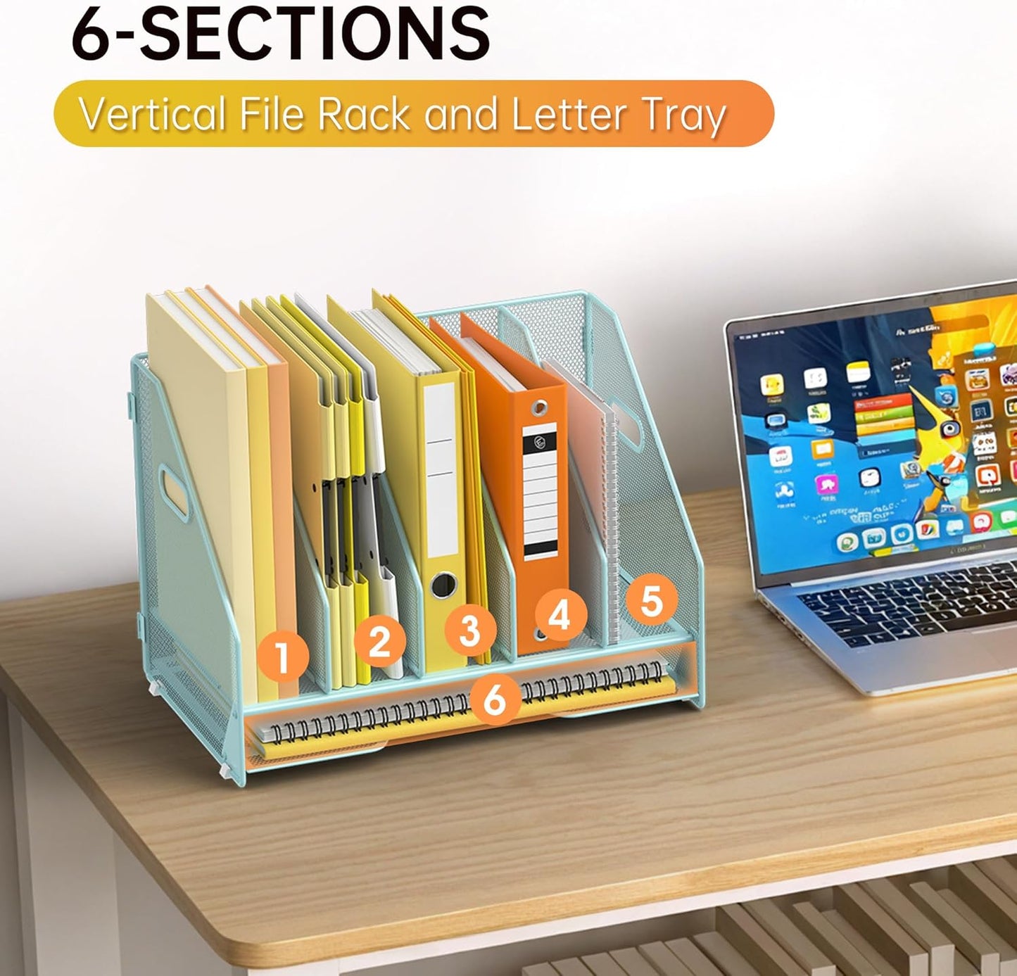 Docnest Desk File Holder Sorter, 4 Vertical Compartments Rack with Letter Tray, Mesh Magazine File Holder with Handle,Workspace Organizers,Desk Organizers for Paper, Mail, Documents-Black