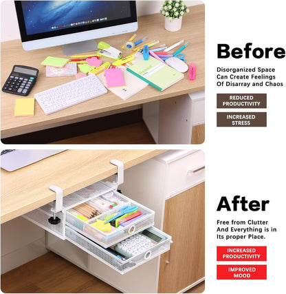2-Tier Clamp-On Mesh Organizer, Under Desk Storage with Slide-Out Tray, No Drilling Tool-Free Installation, Durable Rust-Resistant Metal, Large-Capacity Organizer.
