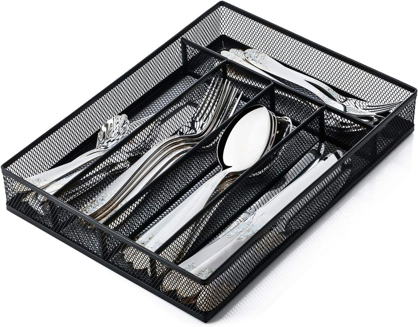 Sedegn Silverware Organizer Metal Mesh, Small Drawer Organizer, Utensil Cutlery Tray for kitchen drawers, Flatware Organizer with 5 Compartment, Black(9.3"*12.6")