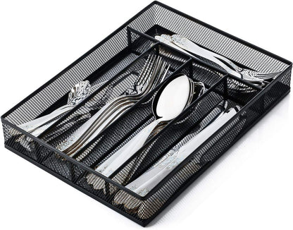 Sedegn Silverware Organizer Metal Mesh, Small Drawer Organizer, Utensil Cutlery Tray for kitchen drawers, Flatware Organizer with 5 Compartment, Black(9.3"*12.6")