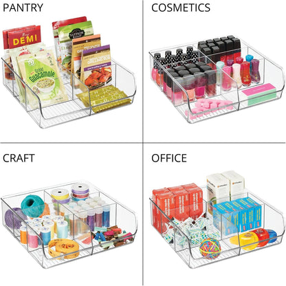 mDesign Plastic Home Office Wide Bin Organizer with 6 Compartments for Cabinets, Closets, Drawers, Desks, Tables, Workspace - Staple, Notepad, Paperclip Holder - Ligne Collection - 2 Pack - Clear