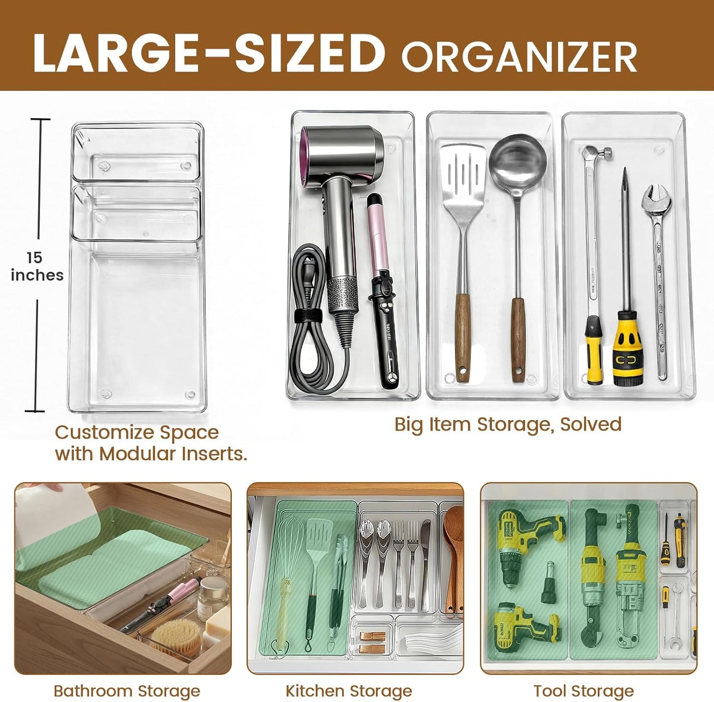 21 PCS Clear Plastic Drawer Organizer Set with 15 Inch Extra Long Bins, 5 Sizes Acrylic Makeup Organizer and Storage Trays, Non Slip Dividers for Vanity, Kitchen and Office