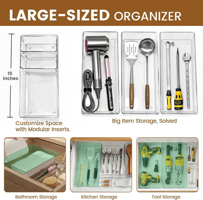 21 PCS Clear Plastic Drawer Organizer Set with 15 Inch Extra Long Bins, 5 Sizes Acrylic Makeup Organizer and Storage Trays, Non Slip Dividers for Vanity, Kitchen and Office