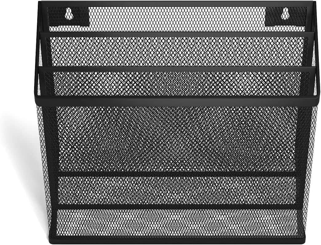 TRU RED Wire Mesh File Organizer, 3‑Compartment, Matte Black – Vertical Desktop Sorter for Files, Folders & Mail