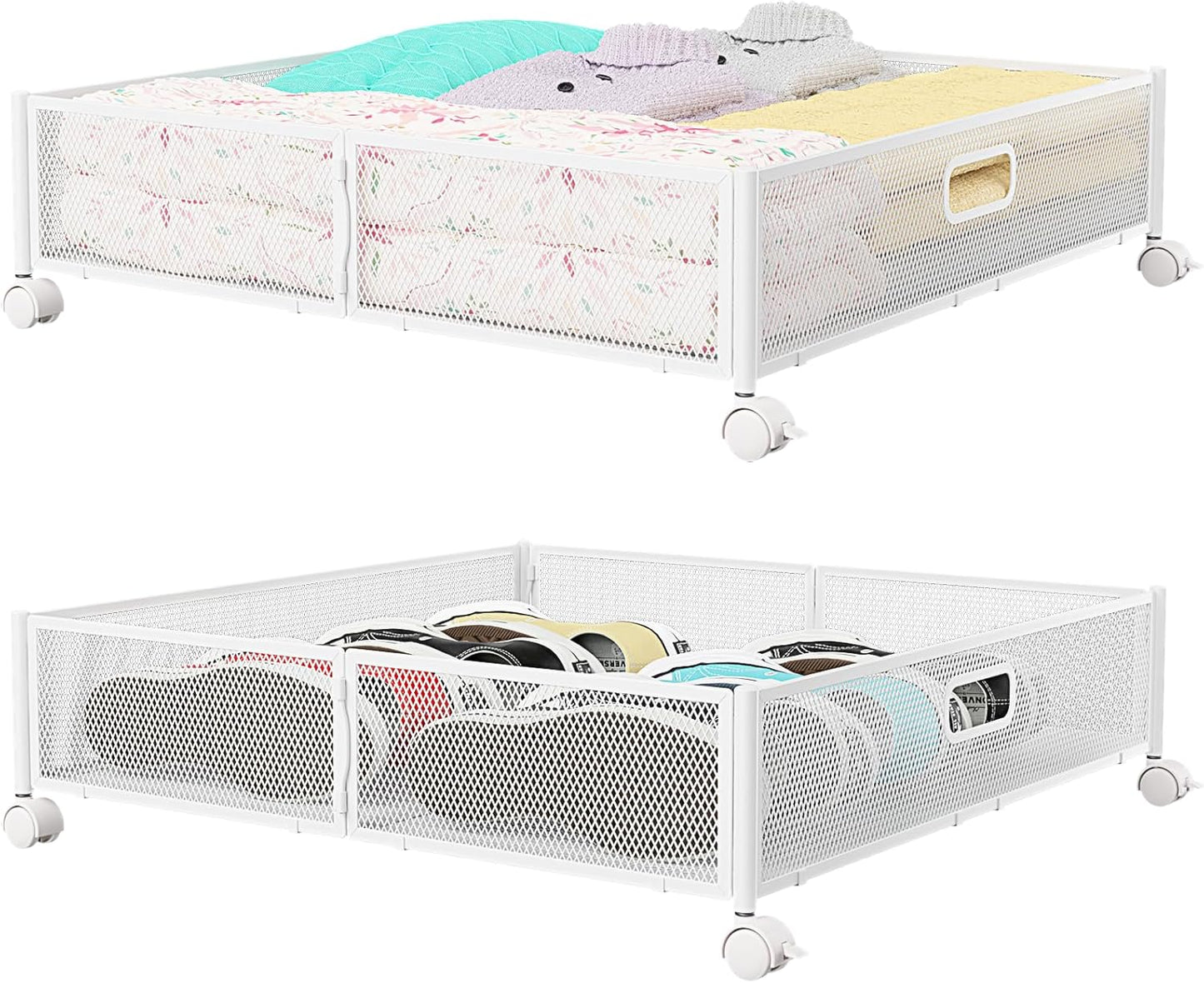 PHINOX Under Bed Storage Containers with Wheels, Under Bed Shoe Storage Organizer Drawer, Tool-free Assembly Metal Storage Containers for Bedroom Clothes Shoes Blankets -2PCK