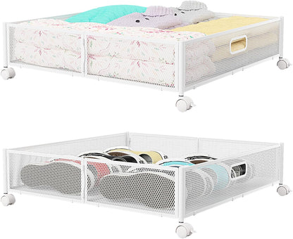 PHINOX Under Bed Storage Containers with Wheels, Under Bed Shoe Storage Organizer Drawer, Tool-free Assembly Metal Storage Containers for Bedroom Clothes Shoes Blankets -2PCK