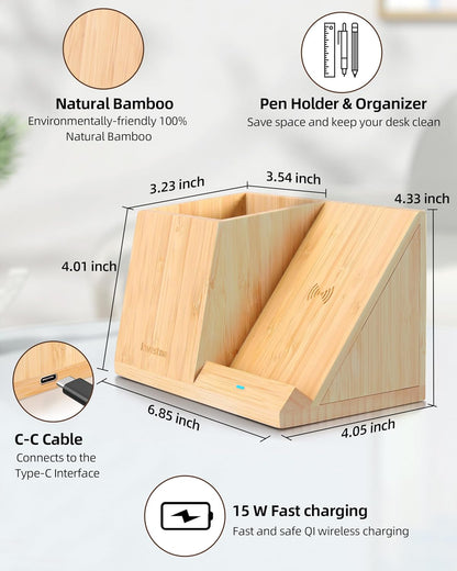 Bamboo Pen Holder with Wireless Charger, Desk Organizer with 5 Compartments for Home Office Supplies Compatible with iPhone & Samsung Series