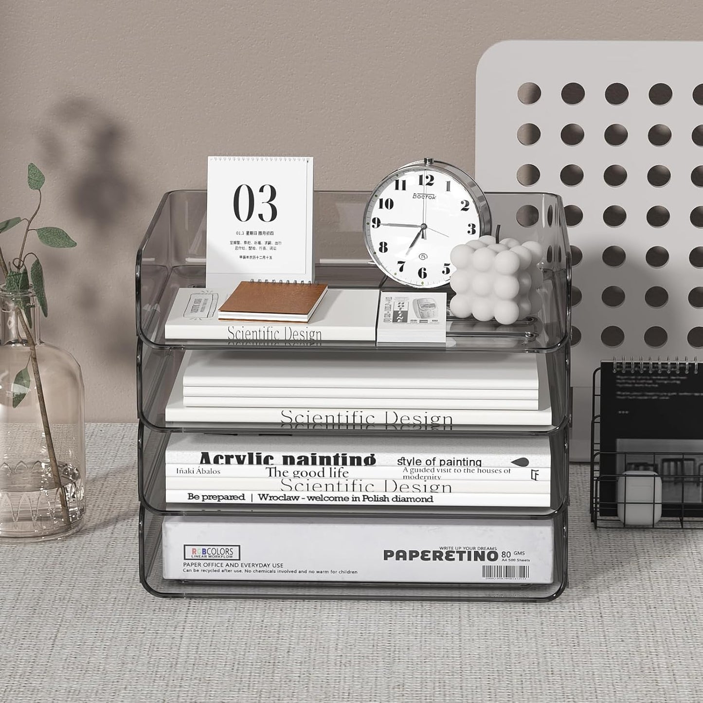 FANXIYQ 4-Tier Acrylic Paper Tray Organizer - Low-Profile Desk File Sorter for Office/Home, Clear Stackable Letter Tray for Bills, Crafts, Notebooks