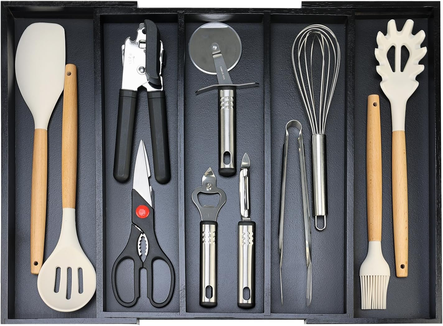 Large Bamboo Silverware Drawer Organizer Tray Kitchen Tool Drawer Divider Organizers Storage Expandable Cooking Utensil Organizer Wooden Cutlery Tray Spoon Flatware Organizers Utensil Holder Drawers