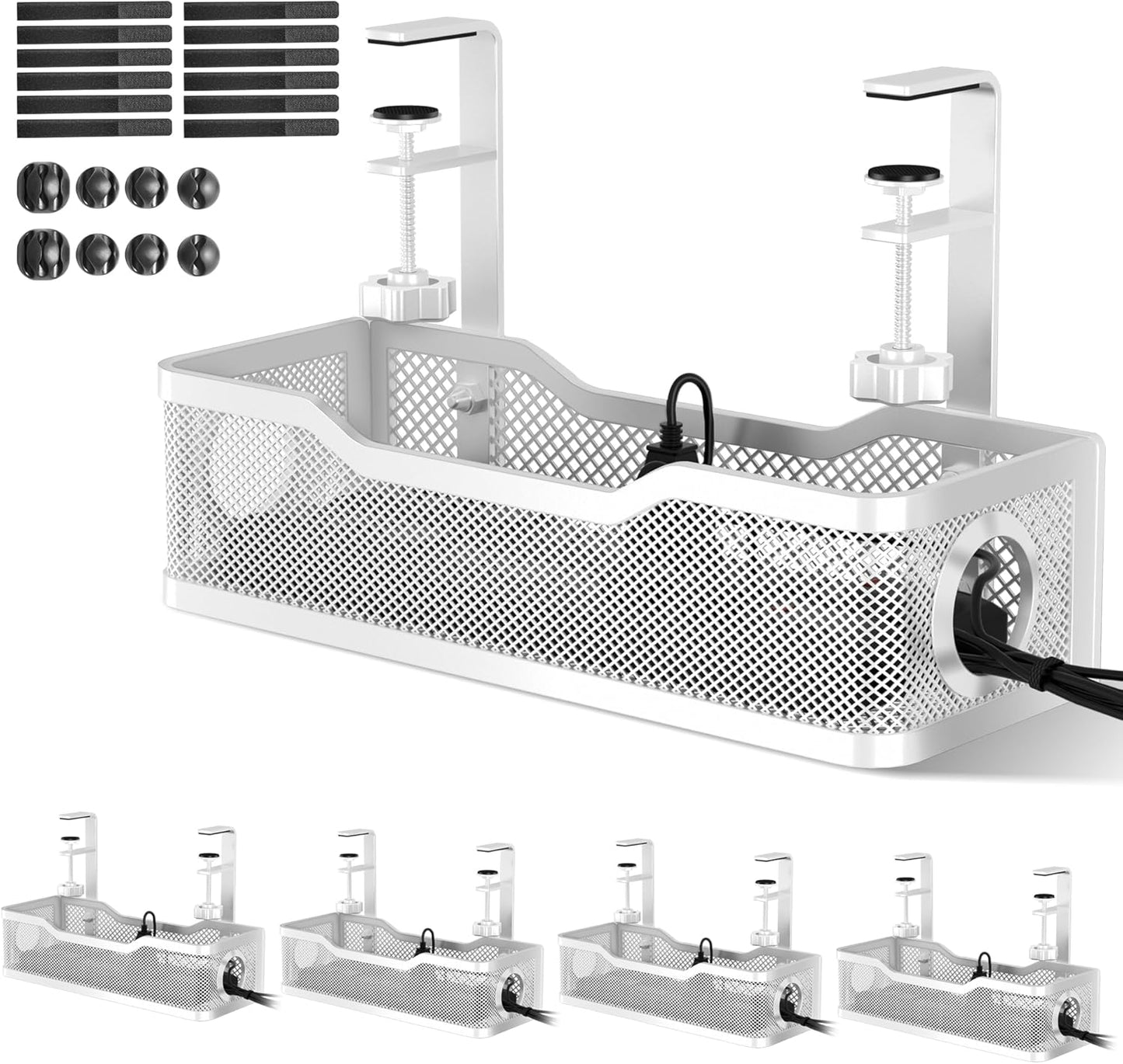 Under Desk Cable Management Tray White, Cinati Wire Organizers No Drill, Cable Tray with Clamp for Wire Management, Cord Organization Box for Office, Home - No Damage to Desk