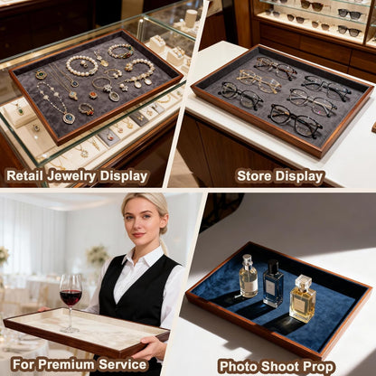 Large Solid Wood Jewelry Watch Tray, Velvet Jewelry Board Display Trays for Key Wallet Ring，Stackable Wooden Jewelry Drawer Organizer Showcase Jewelry Holder(Royal Blue)