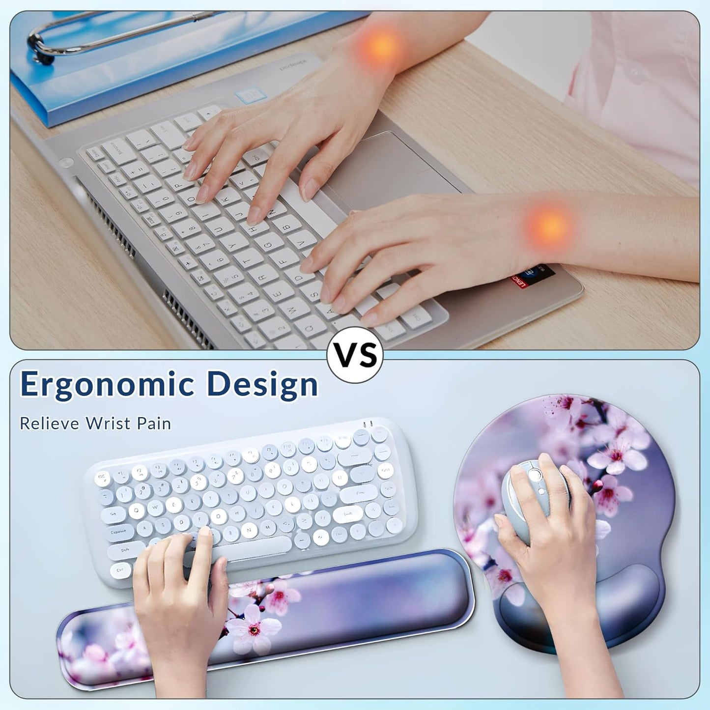 Desk Mat Set + Keyboard and Mouse Pad with Wrist Rest Support,4-in-1 Large Mousepad Computer Mats for Desktop Home & Office-Purple Butterflies