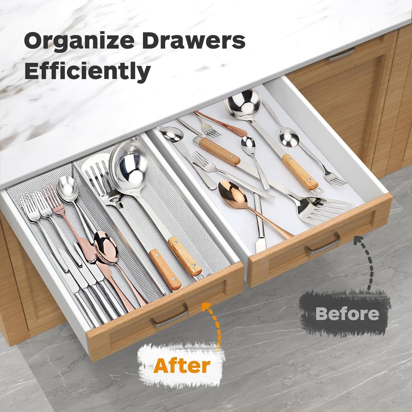Smgmg Silverware Drawer Organizer, Silverware Organizer for Drawer, 6 Pack Utensil Organizer for Kitchen Drawers, Kitchen Drawer Organizer for Large Utensils with Interlocking Arm (9.6 * 3 * 2 inch)