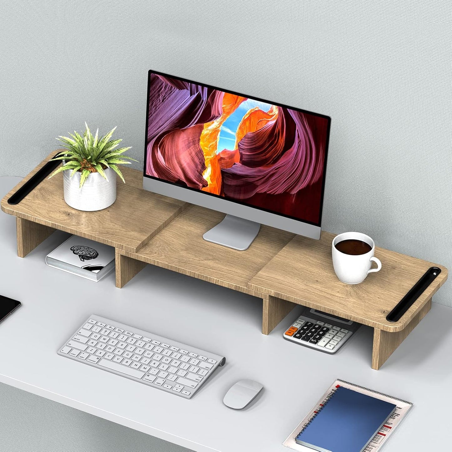 Zimilar Dual Monitor Stand Riser, Monitor Stand with Adjustable Length and Angle, Wood Monitor stand for desk, Monitor Riser for 2 monitors with Storage Space(Rust Brown Large)