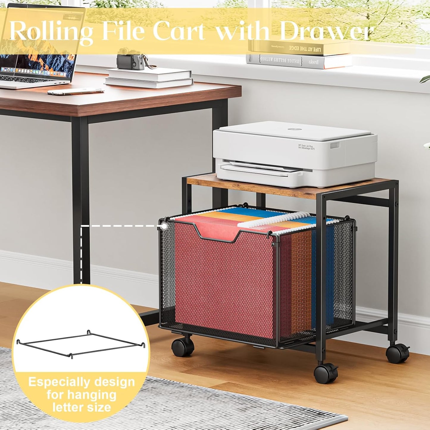 JKsmart Under Desk Storage, Printer Stand with Drawer, Rolling File Cabinet with Adjustable Table Top, 2 Tier Industrial Shelf on Fixed Feet Wheels, Sofa Side Table Organizer for Home, Office, Black