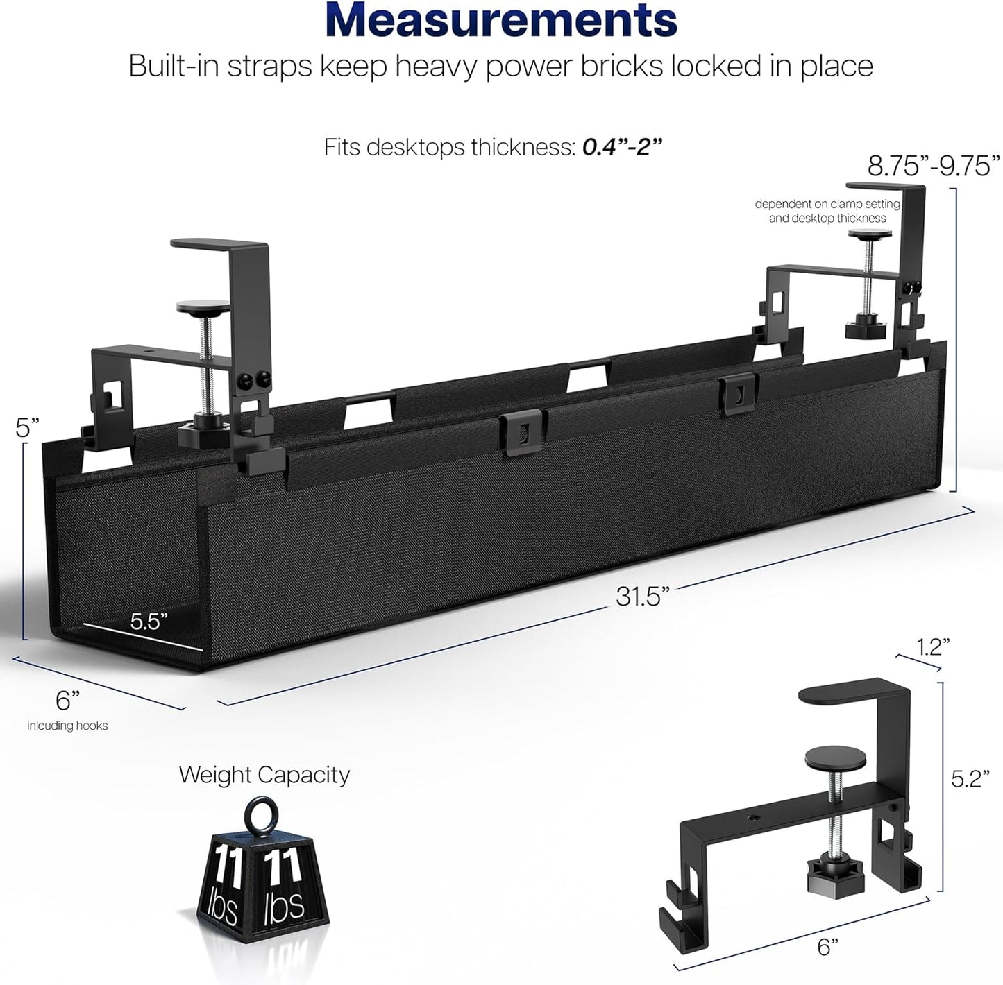 VIVO Clamp-on Under Desk 31 inch Fabric Cable Management Tray, Wire Concealer, Power Strip Storage, Workspace Organization, Easy Fold Down Access, Black, DESK-AC31F-C