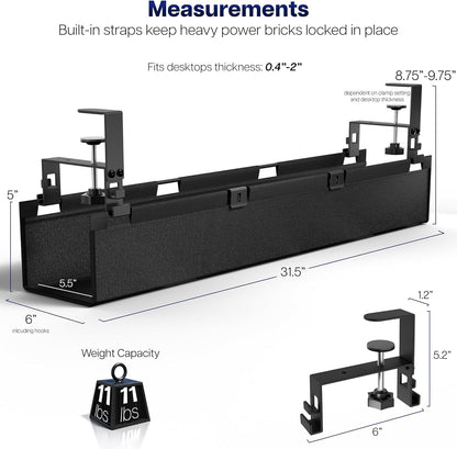 VIVO Clamp-on Under Desk 31 inch Fabric Cable Management Tray, Wire Concealer, Power Strip Storage, Workspace Organization, Easy Fold Down Access, Black, DESK-AC31F-C