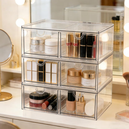 Prsildan Acrylic Makeup Organizer, 2 Pack Stackable Storage Drawers with 6 Drawers for Office Desk Vanity Craft Room Clear Drawer Organizers for Hair Accessories Art Supplies Cosmetics Modular System