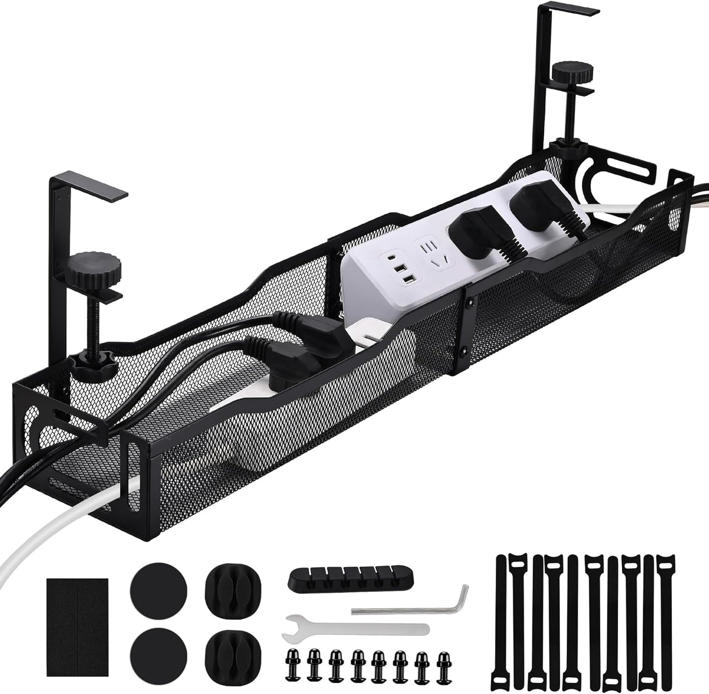 Under Desk Cable Management Box 25.3 Inch – Clamp-Mounted Cable Organizer Tray, Large Cord Management Box for Office & Home, Wire Organizer Under Desk Storage, White