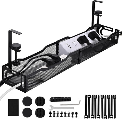 Under Desk Cable Management Box 25.3 Inch – Clamp-Mounted Cable Organizer Tray, Large Cord Management Box for Office & Home, Wire Organizer Under Desk Storage, White