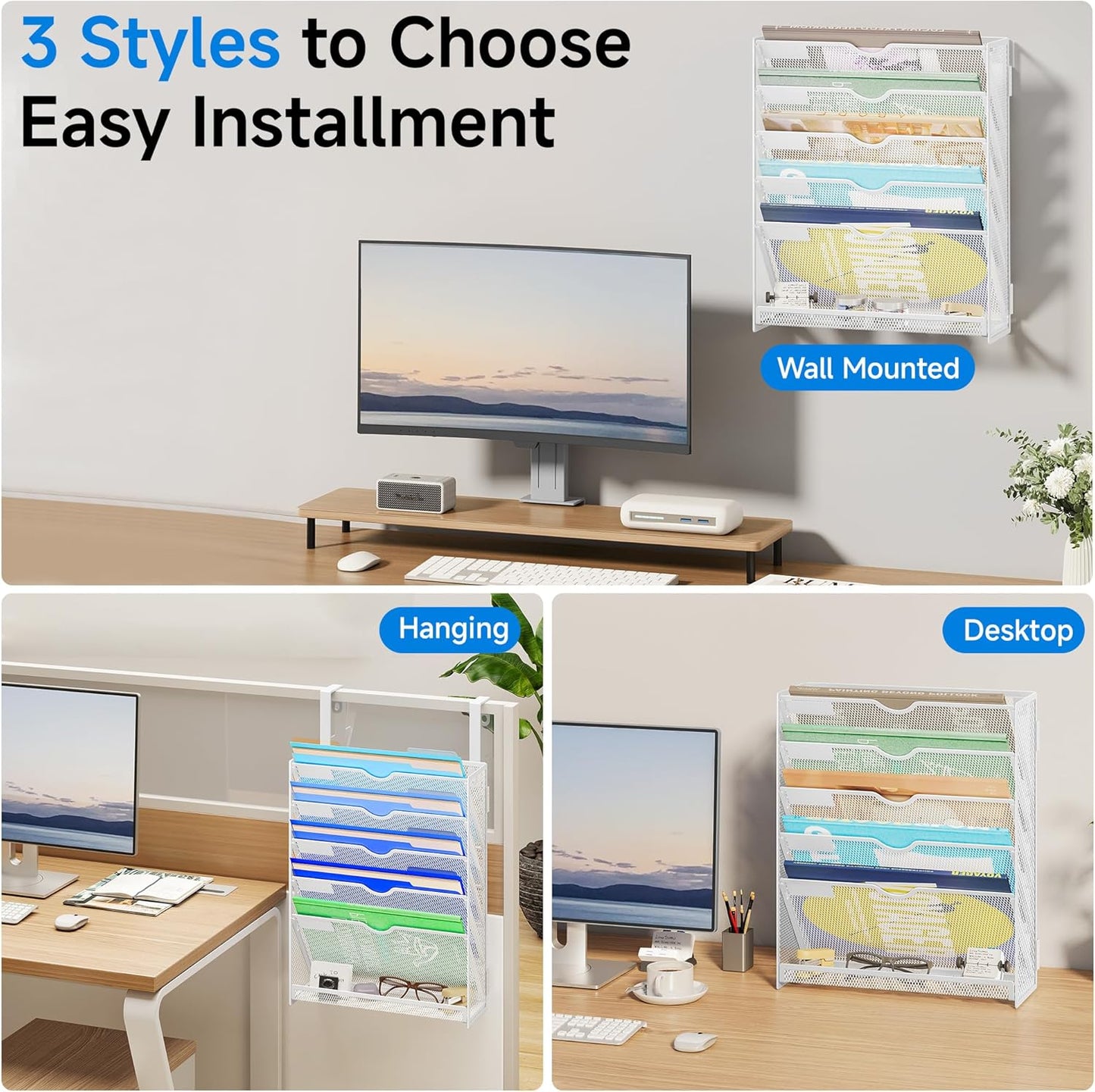 Lavatino 6-Tier Hanging File Organizer, Wall Mount File Holder for Mails Folders Papers Magazine Organization, Vertical Document Organizer for Office Home - (White)