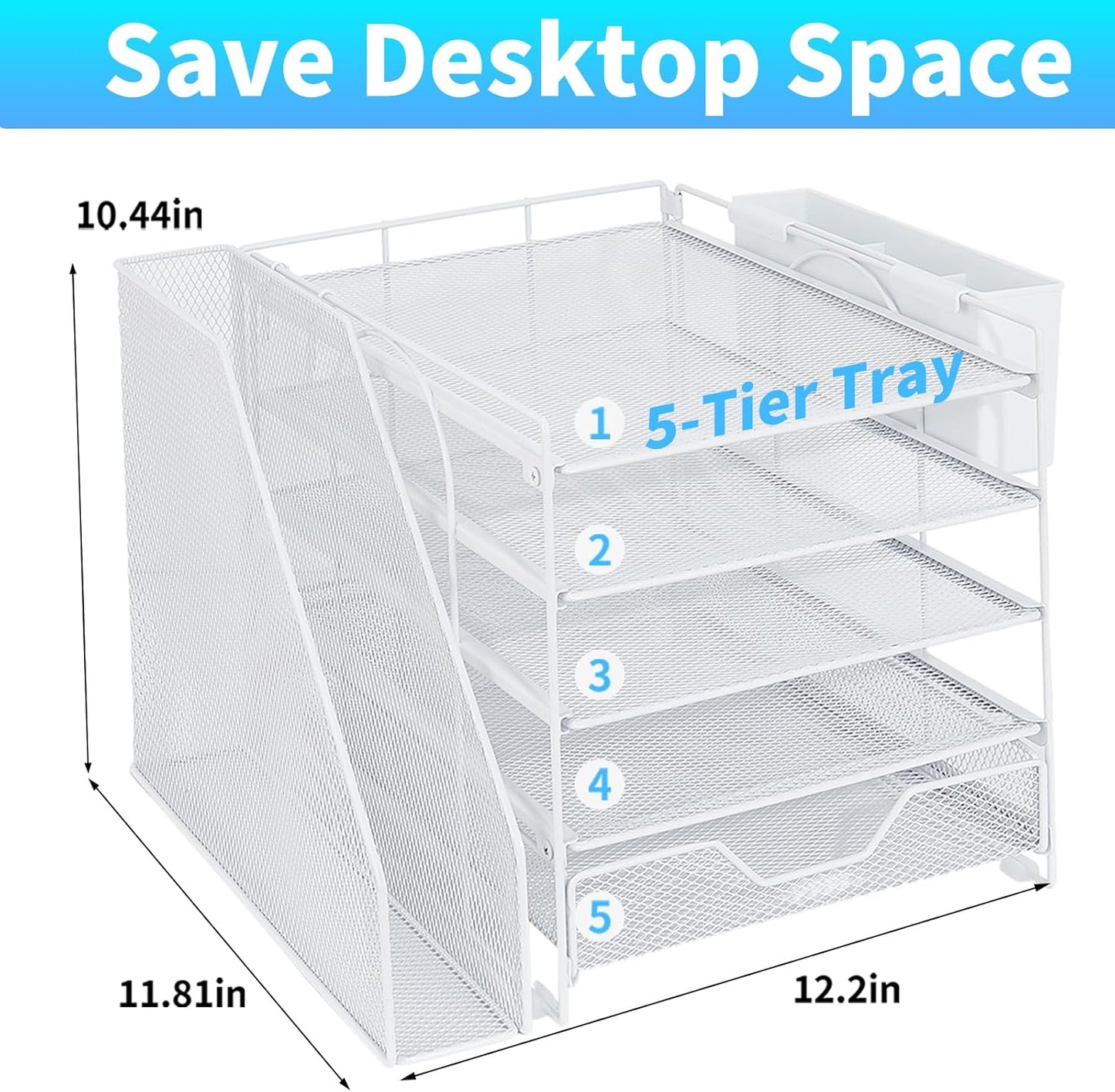 Desk Organizer, 5-Tier Paper Letter Tray Organizer with File Holder, Drawer and Pen Holder, Desktop Organizer for Office Supplies, Black