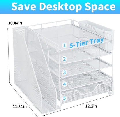Desk Organizer, 5-Tier Paper Letter Tray Organizer with File Holder, Drawer and Pen Holder, Desktop Organizer for Office Supplies, Black
