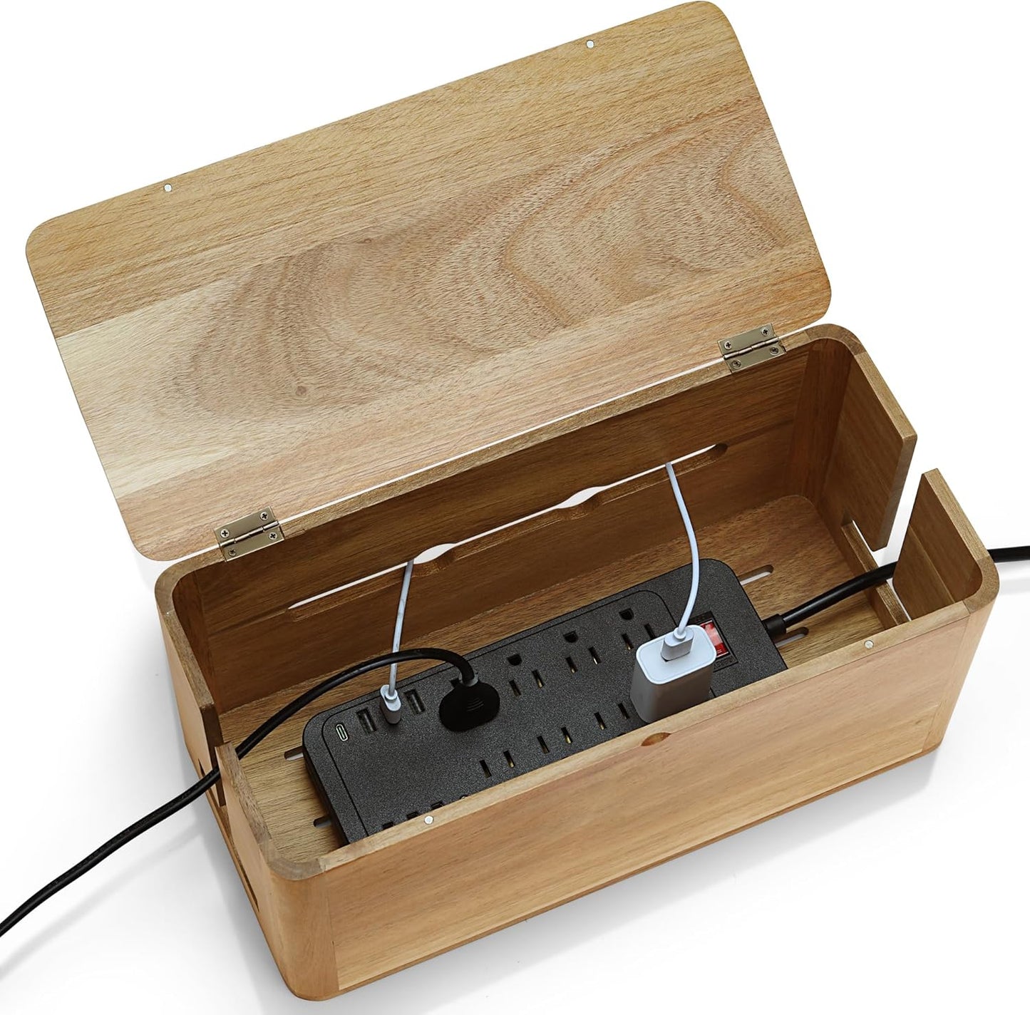 Large Acacia Wood Style Cable Management Box, Cord Organizer Power Strip Box with Magnetic Outlet Covers, Cord Hider for Desk and Floor Cable Storage, Ventilated Design