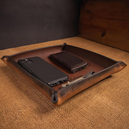 Valet Tray – Full-Grain Leather Catchall Organizer for Keys, Phone & Wallet – Rustic Nightstand & Desk Tray with Raised Sides – Handmade in USA (Vintage Brown, Small Rectangle)