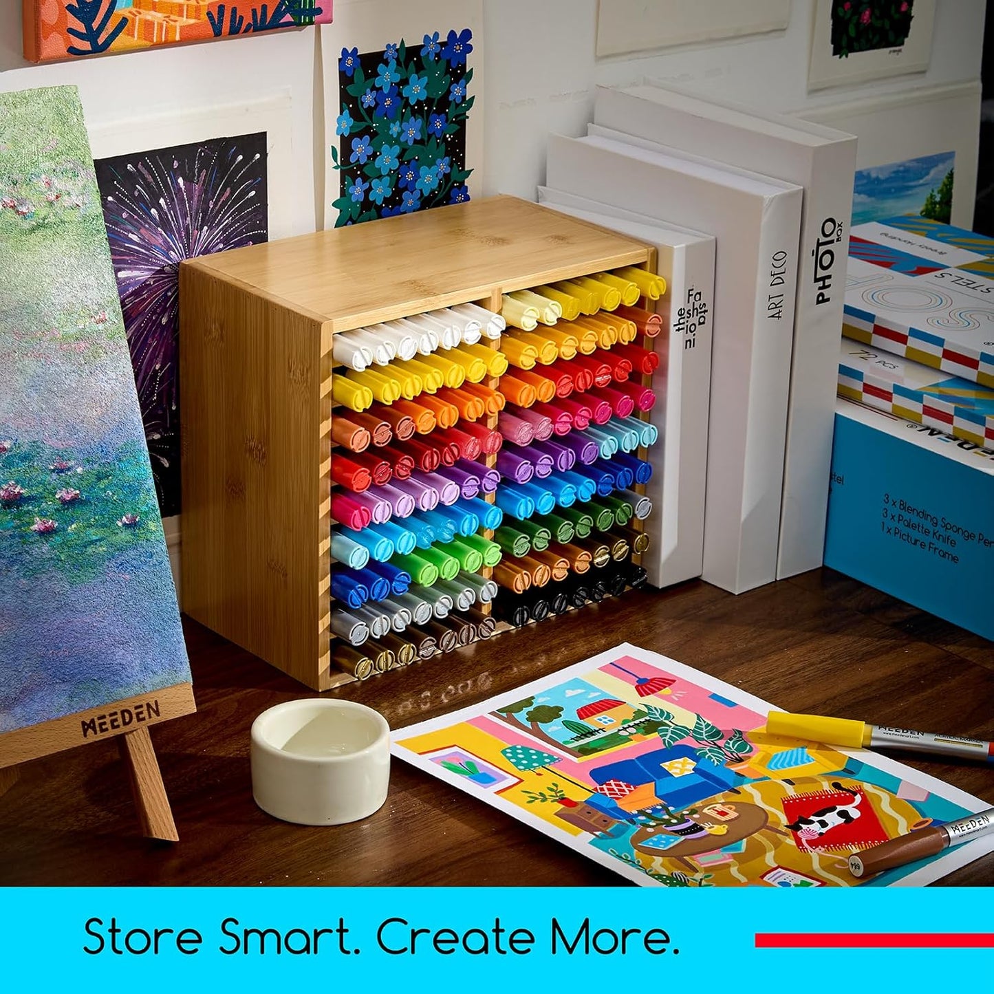MEEDEN Bamboo Marker Organizer for Desk: Holds 224 Pens with 32 Compartments- Art Supply Storage & Holder for Alcohol Markers，Pens，Pencils