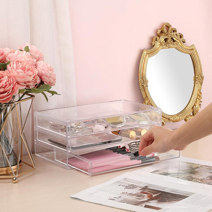 BTSKY Clear Acrylic Drawer Organizer, Stackable Container with 2 Narrow + 1 Large Drawers, Desk Organizer for Stationery Study Essentials Makeup Jewelry, Multipurpose Storage Box for Office and Home