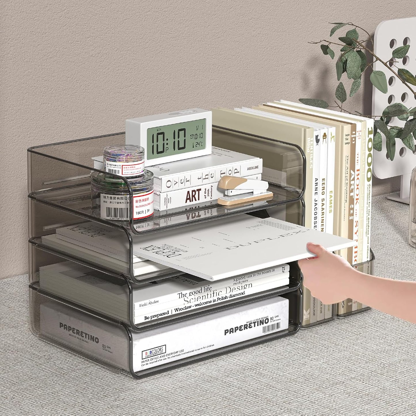 FANXIYQ 4-Tier Horizontal Acrylic Paper Tray Organizer with Bookends | Clear Stackable Desk Organizer for Documents, Letters, A4 Paper | Modern Office/Classroom/Home Organization