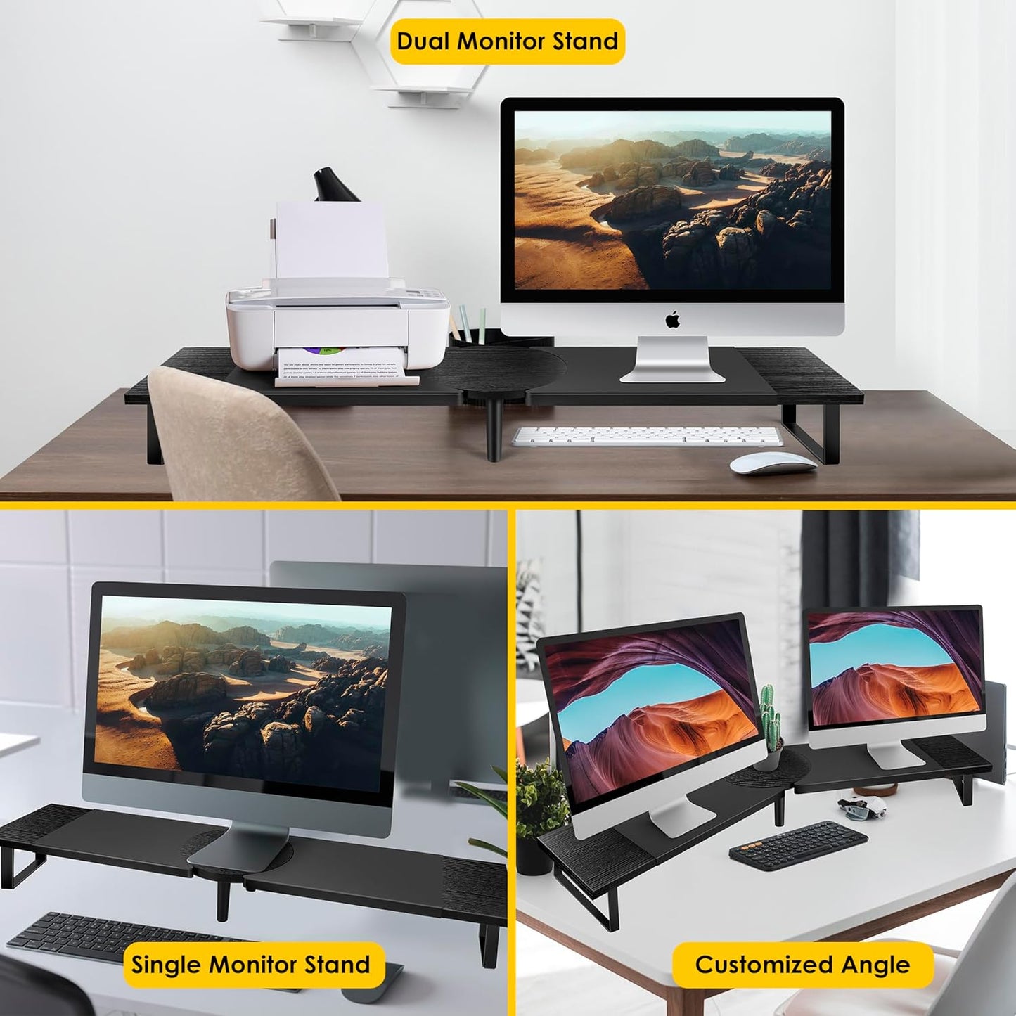 Across-Star Dual-Monitor-Stand-Riser-For-Desk Adjustable Length 32-40 Inch，Large Desktop Computer Monitor Riser For 2 Screens，Desk Shelf Organizer Riser Stand For Computer/Laptop/PC/Printer/TV Black