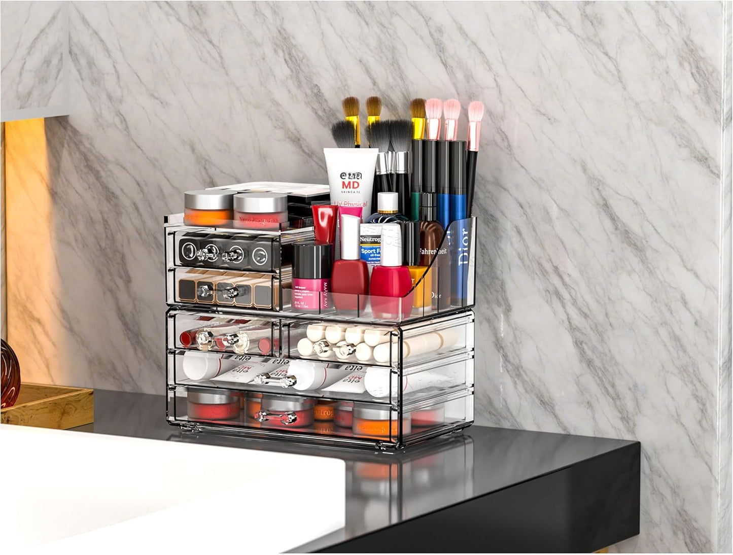 Cq acrylic Make Up Organizers for Vanity With 14 Drawers, 4 Pack Clear Drawer Organizers,Plastic Cute Desk Accessories Organization and Bathroom Organizers Storage Case Box Cube for Beauty,Skin Care