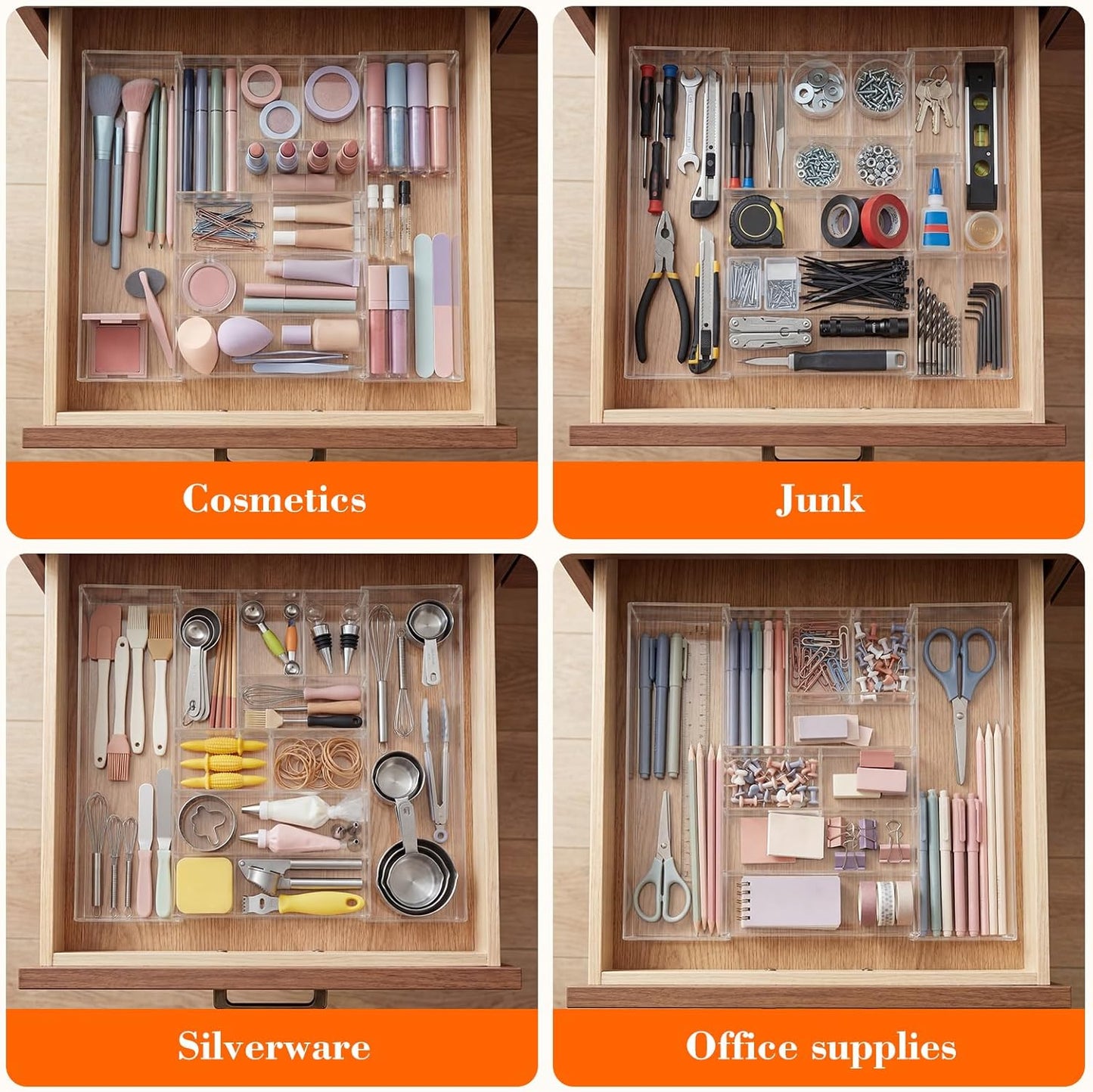 Briwooody 1 Pcs Acrylic Desk Drawer Organizer 9'' up to 16'' x 12'' x 2.2'' Expandable Drawer Organizer Trays with 10 Adjustable Compartments Clear Desk Accessories for Makeup Office Bathroom