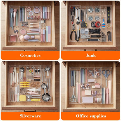 Briwooody 1 Pcs Acrylic Desk Drawer Organizer 9'' up to 16'' x 12'' x 2.2'' Expandable Drawer Organizer Trays with 10 Adjustable Compartments Clear Desk Accessories for Makeup Office Bathroom
