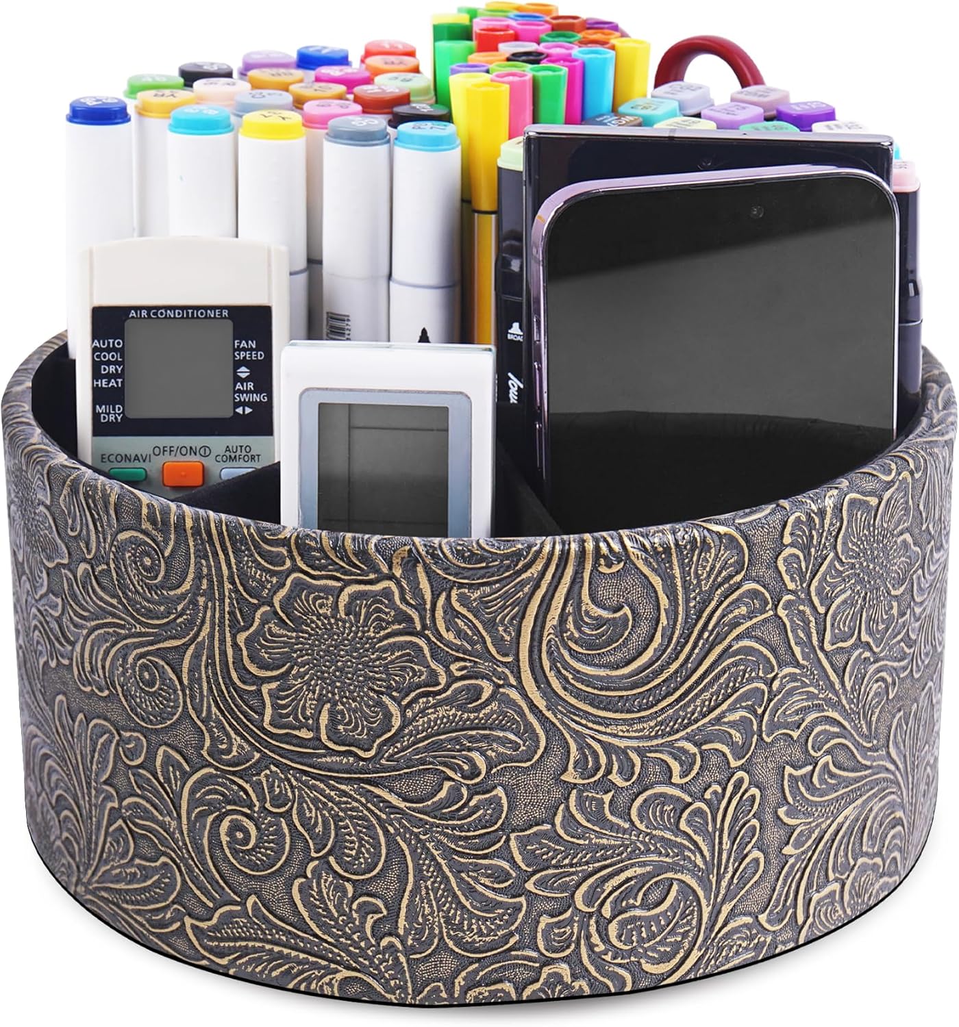 lizimandu Round Leather Art Supply Organizer,Remote Control Holder,360 Degree Spinning,Multi-Functional Pencil Holder,4 Compartments Desktop Stationary Organizer(1-Gold) - Colors A