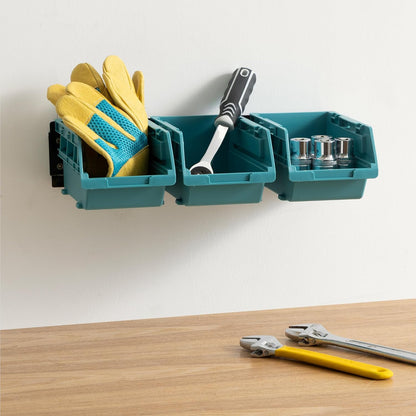 Navaris Storage Bins - Interlocking Plastic Van Boxes - Wall Mounted Compartments for Screws Nails Small Tool Parts - Workshop Garage Drawer Shed Organiser - 12 Bins & 3 Rails