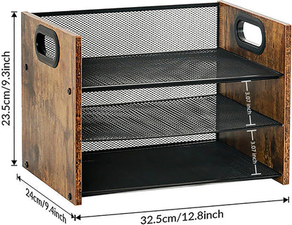 Wood Desk Organizer - 3-Tier Desktop File Organizer with Drawer, Wooden Paper Tray, Office Desk Organzier and Accessories for Papers, Mail, Notebooks, Stationery