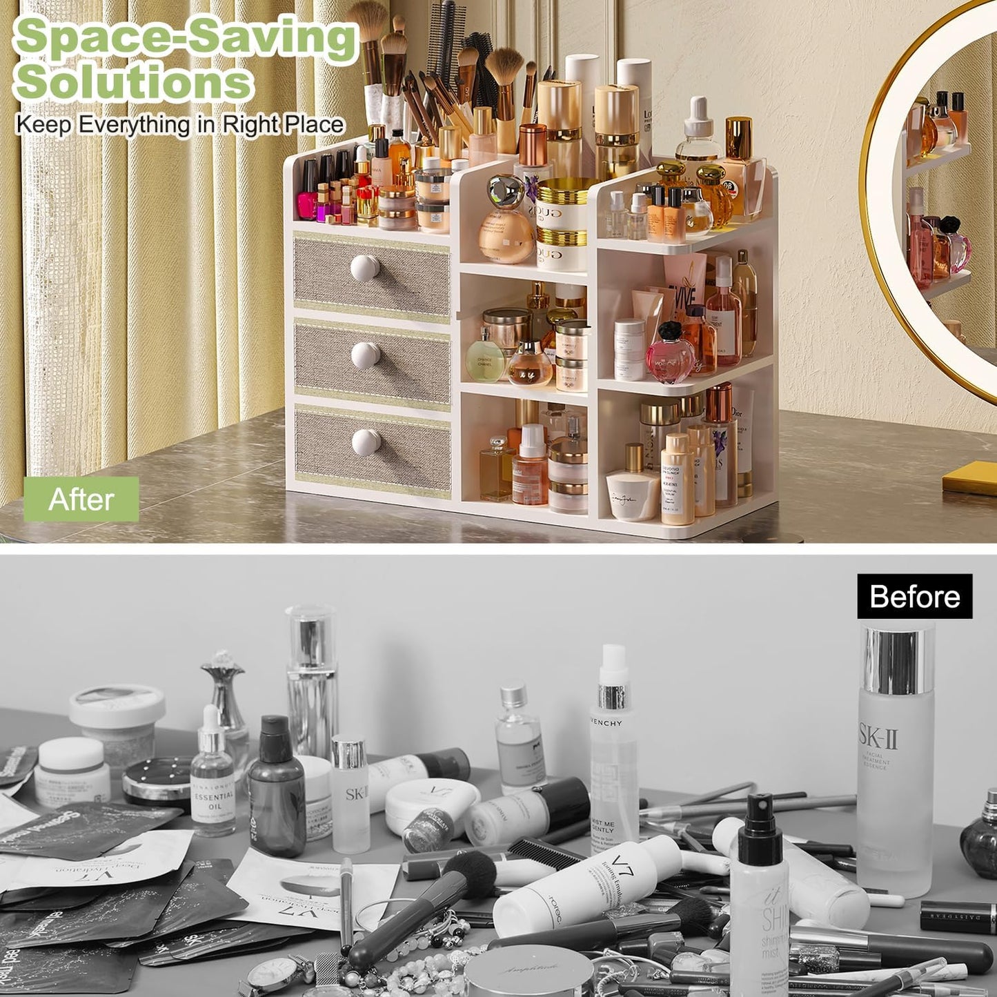 Large Makeup Organizer For Vanity, Large Capacity 3 Tiers Bamboo Bathroom Counter Organizers and Storage, Countertop Makeup Brush Holder, Nail Polish Perfume Stand with 3 Drawers and 10 Compartments