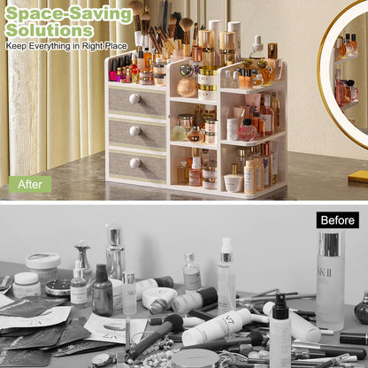 Large Makeup Organizer For Vanity, Large Capacity 3 Tiers Bamboo Bathroom Counter Organizers and Storage, Countertop Makeup Brush Holder, Nail Polish Perfume Stand with 3 Drawers and 10 Compartments