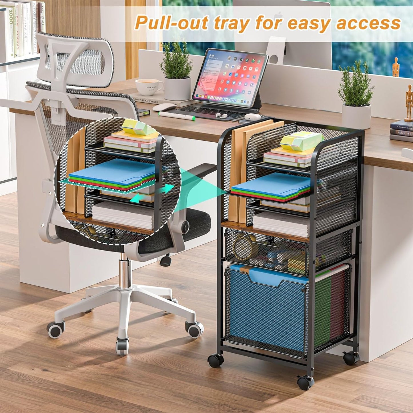 5-Tier Rolling File Cart Under Desk with Drawers, File Cabinet Organizer for Hanging File Folders, Letter-Size File Storage with Wheels, Multi-Layer Mobile Filing Cabinet for Under Desk Storage