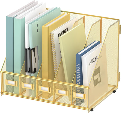 SUPEASY Desk Organizers Metal Desk Magazine File Holder with 5 Vertical Compartments Rack File Organizer for Office Desktop, Classroom, Home Workspace, Black
