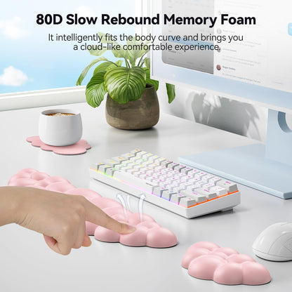 TECKNET Cloud Keyboard Wrist Rest Set, Cloud Wrist Rest with Non-Slip Base, PU Leather Wrist Pad for Keyboard with Ergonomic Memory Foam for Computer Laptop Office Gaming and Pain Relief, White