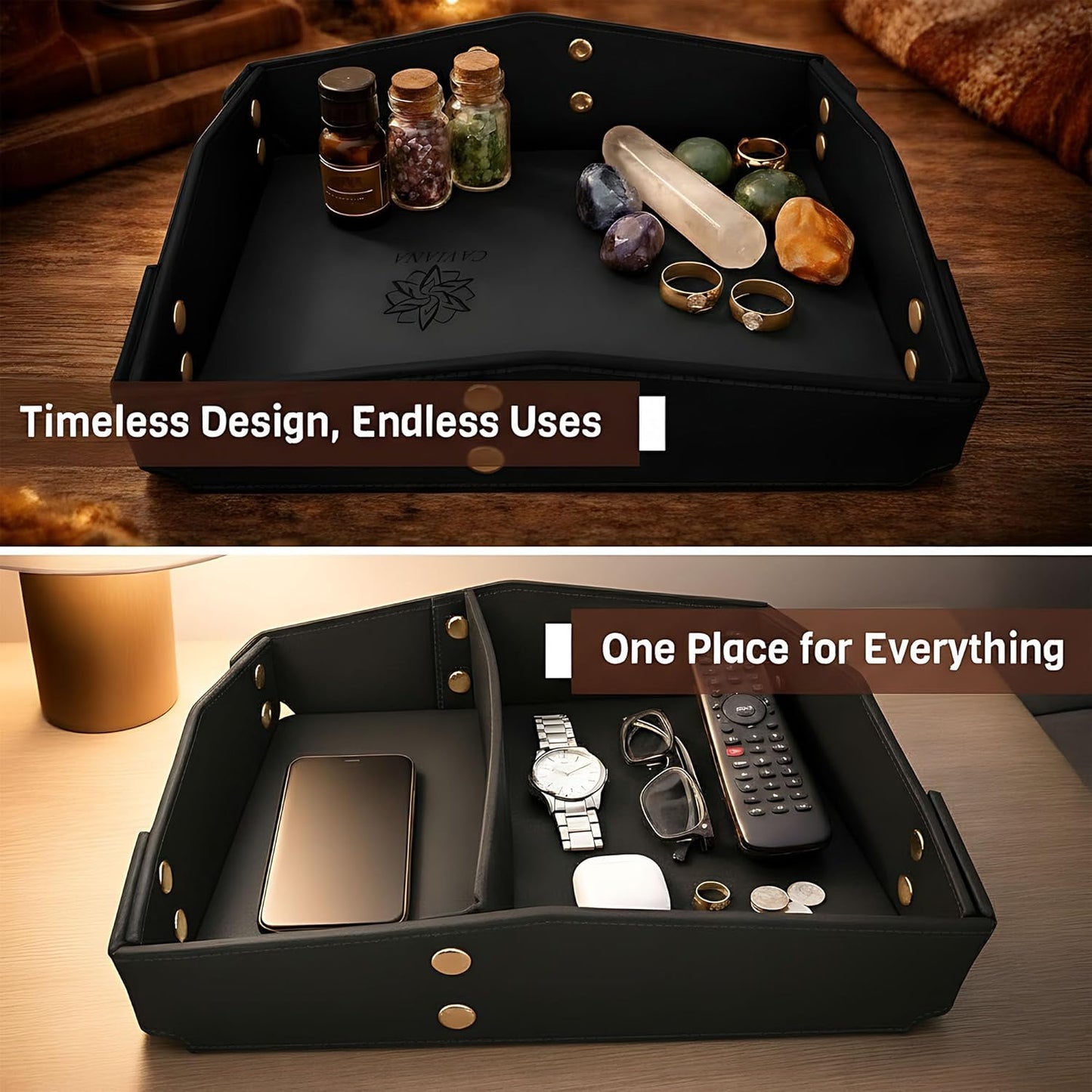 Valet Tray Organizer for Men & Women - PU Leather Catch All Tray with Removable Divider - EDC Storage for Keys, Watch, Phone - Nightstand, Dresser & Desk Organizer - Pacific Navy