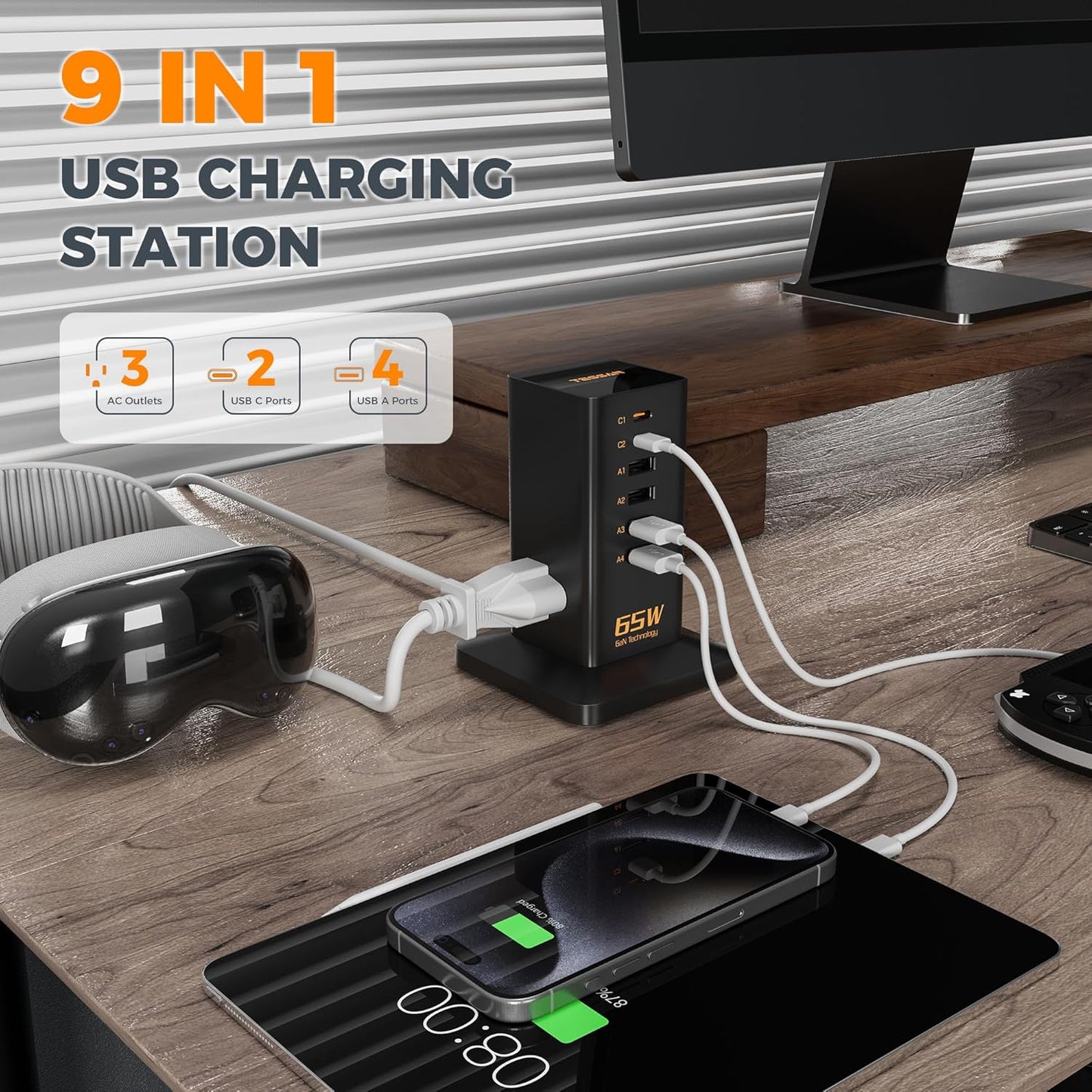 Charging Station for Multiple Devices, TESSAN 9-in-1 USB C Power Strip for iPhone 17/16/15, MacBook, Tablet, Desktop Phone Fast Charger with 3 AC, USB Charger, Home Drom Office Accessories, White-65W
